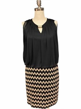 Perceptions Petite Black Rose Gold Chevron Lace Blouson Dress 12P